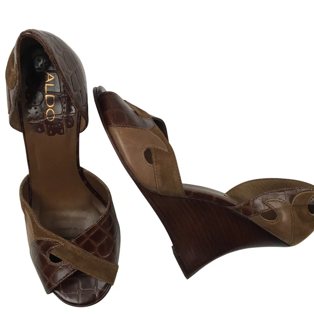 Aldo Croc Embossed Suede Wedge Heels EU 37 Brown Dark Academia Professional